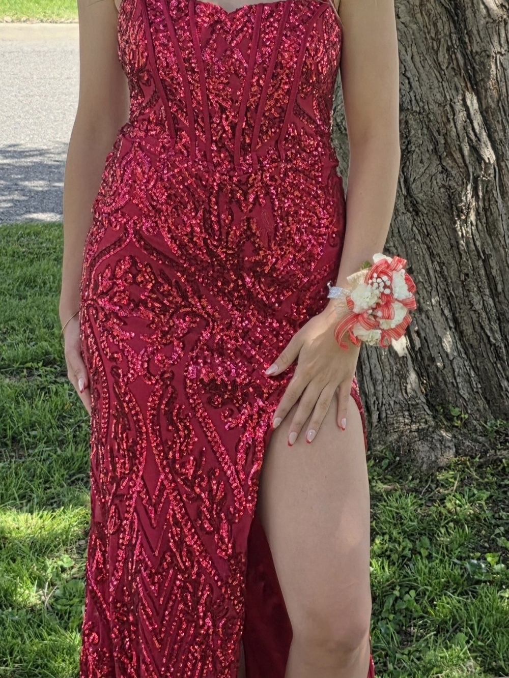 B Darlin Red Sequin Prom Dress with Thigh Slit